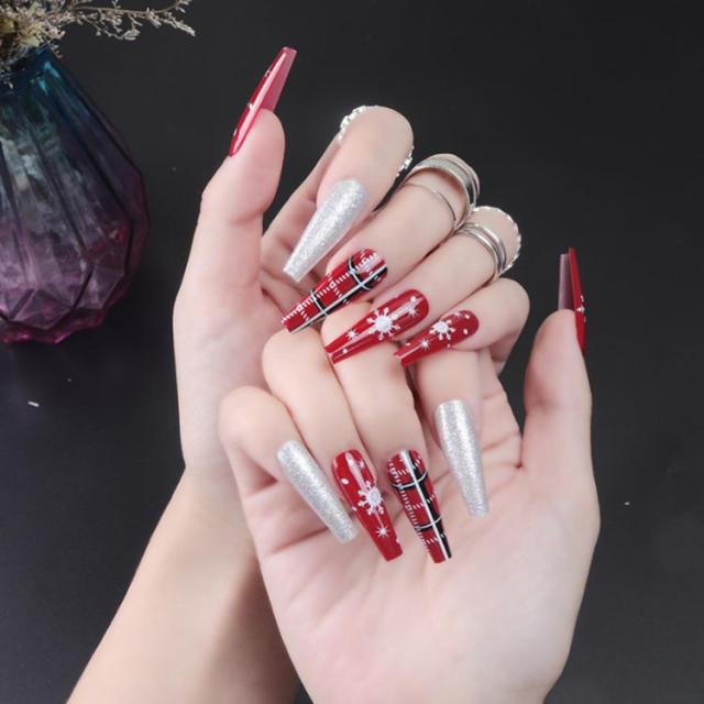 k ロングバレリーナネイルチップ ロングバレリーナ ネイルチップ 赤系 ワインレッド 24枚入り リボン 雪