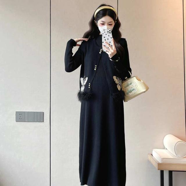 ベスト+ワンピースの2点セット 授乳服 授乳口付き ニットワンピース レイヤード マタニティワンピース 授乳口付きワンピース ニットワンピース 産前 産後 秋 授乳口付き 冬 秋冬 黒 ブラック