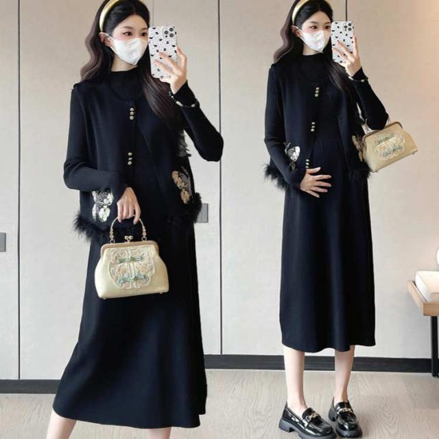 ベスト+ワンピースの2点セット 授乳服 授乳口付き ニットワンピース レイヤード マタニティワンピース 授乳口付きワンピース ニットワンピース 産前 産後 秋 授乳口付き 冬 秋冬 黒 ブラック