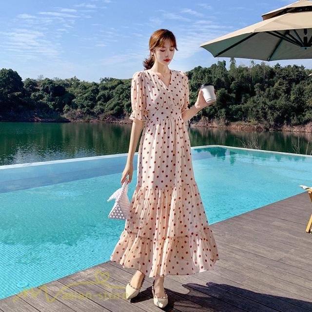 ロングワンピース レディース ドット柄 きれいめ マキシワンピース 夏服 コーデ 21新作 半袖 Vネック カジュアルワンピ Aライン ワンピの通販はau Pay マーケット バトンショップ