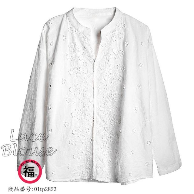 シャツブラウス 長袖 春 春物 レディース トップス チュニック スキッパーカラー コットン レース 刺繍 体型カバー 薄手 プルオーバー 綿 30代 40代