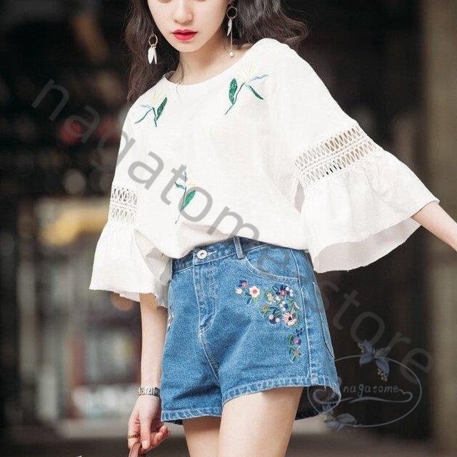 トップス レディース 新作 春 夏 春コーデ 春服 夏コーデ 夏服 1色 カジュアル ブラウス フレア袖 半袖 パンチング リーフ柄 花柄 ゆったの通販はau Pay マーケット Linelife