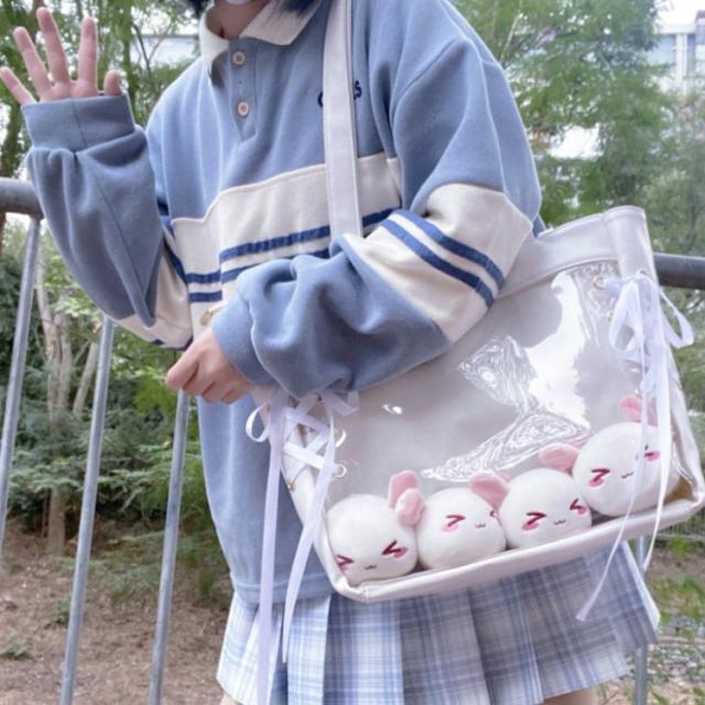 痛バッグA3パープル紫Eリボン痛バ推し活クリアゆめかわ透明デコバッグ