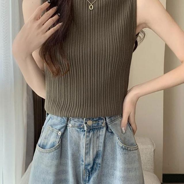 プリーツ タンクトップ レディース ハイネック ノースリーブ T
