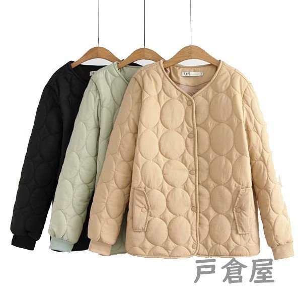 キルティング ショートコート 大きいサイズ ノーカラー キルティングブルゾン レディース Vネック カジュアル ボタン 秋冬 防寒 着?せ シンプル