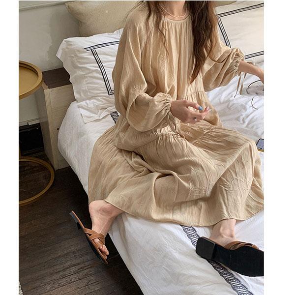 ロングワンピース レディース 綿麻 マキシワンピース 長袖 無地