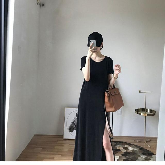 ワンピース レディース 40代 マキシワンピース 春夏 半袖ワンピース 黒 モダール綿 スリットスカート 背中あき ゆったり韓国風 オシャレ の通販はau Pay マーケット Rabubi