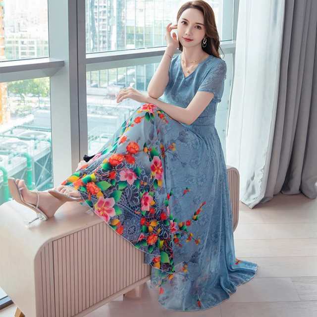 ワンピース レディース 40代 きれいめ マキシワンピース 春夏 半袖ワンピース 花柄シフォン Vネック Aラインスカート ひざ下 オシャレ 大｜au  PAY マーケット