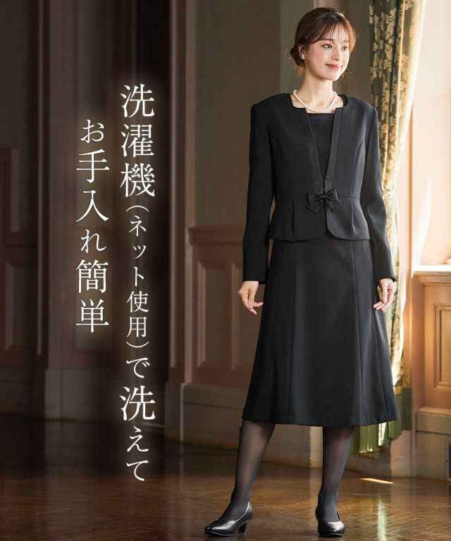 喪服 礼服 ノーカラー アンサンブル ジャケット ＋ 前開き 7分袖 ワンピース リボンブローチ付 丈が選べる 7/9/11/13/15/17/19号 ブラック フォーマル セレモニー スーツ 黒 オールシーズン 大きいサイズ レディース ニッセン nissen_12