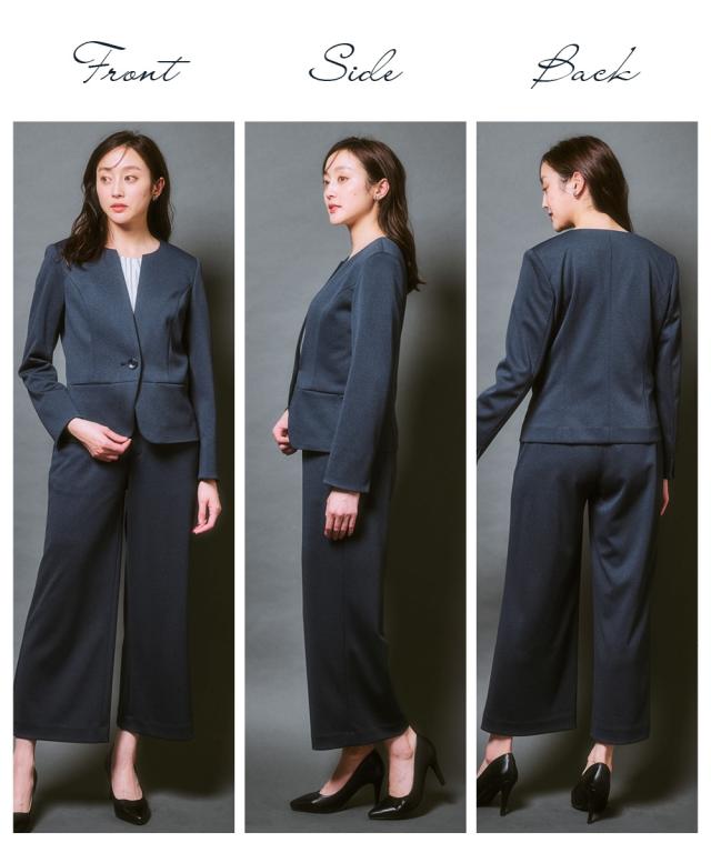 スーツ レディース ビジネス パンツ ジャージー セミワイド セット 仕事 通勤 大きいサイズ 4L〜8L ネイビー系 ニッセン nissen