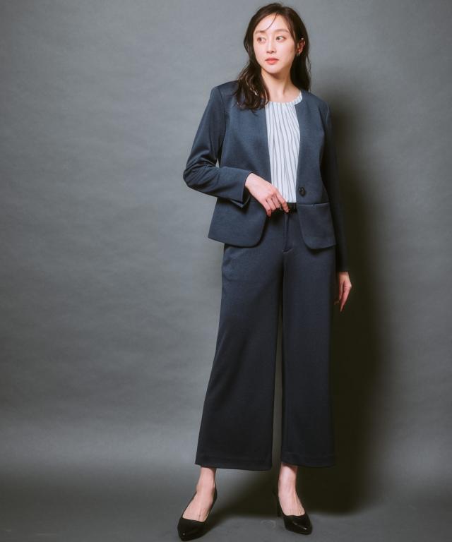 スーツ レディース ビジネス パンツ ジャージー セミワイド セット 仕事 通勤 大きいサイズ 4L〜8L ネイビー系 ニッセン nissen