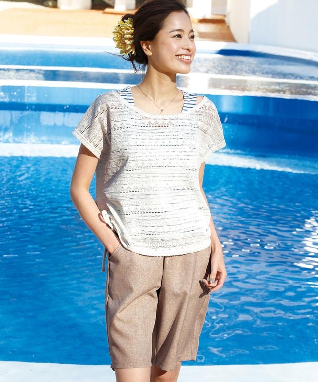 水着 レディース 透かし編み Tシャツ付 タンキニ 4点セット