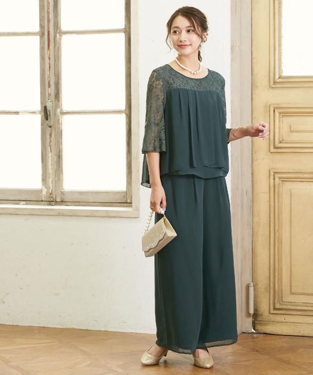 ドレス セットアップ レース切替 ブラウス ＋ワイド パンツ S/M/L/LL