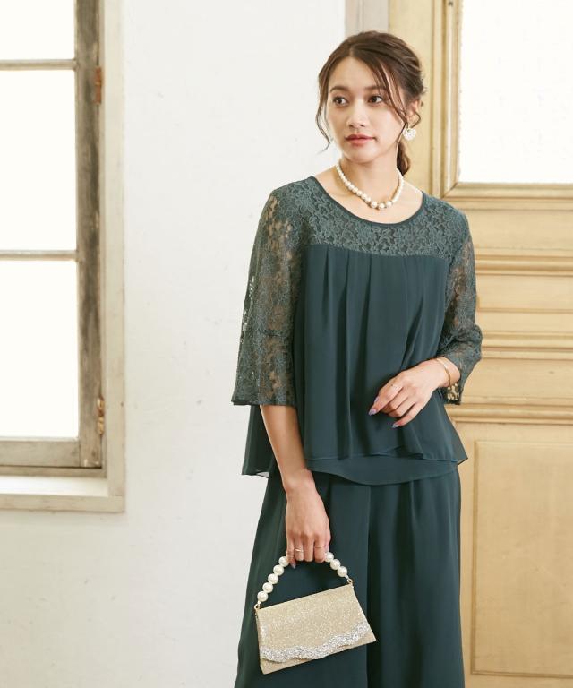 新品☆4L紺系レース切替ブラウス＆ワイドパンツ♪結婚式〇A802 新品☆4L紺系レース切替ブラウス＆ワイドパンツ♪結婚式〇A802