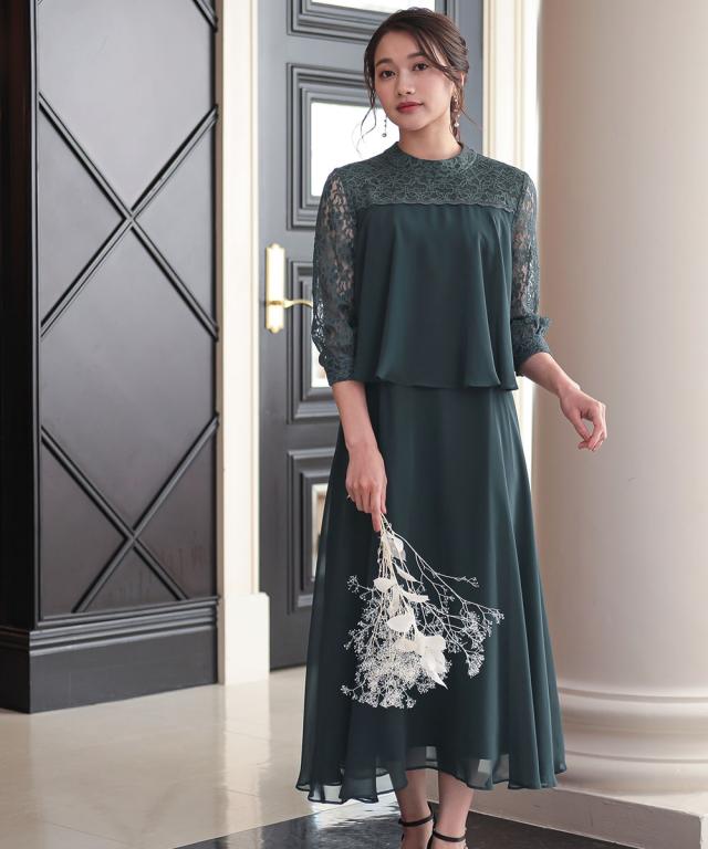 【大きいサイズ】ダークグリーン ドレス セット4L M/L】レーストップスヘム裾ドレス（グリーン）DPSET0774のレンタル