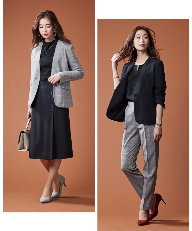 ジャケット ノーカラー 洗える ストレッチ 上下別売スーツ カセット服 レディース S M L ブラウン系グレンチェック/ミニヘリンボン織柄黒 制服 オフィス 仕事 ビジネス 通勤 時短 コーデ nissen ニッセン ジャケット ノーカラー 洗える ストレッチ 上下別売スーツ カセット服