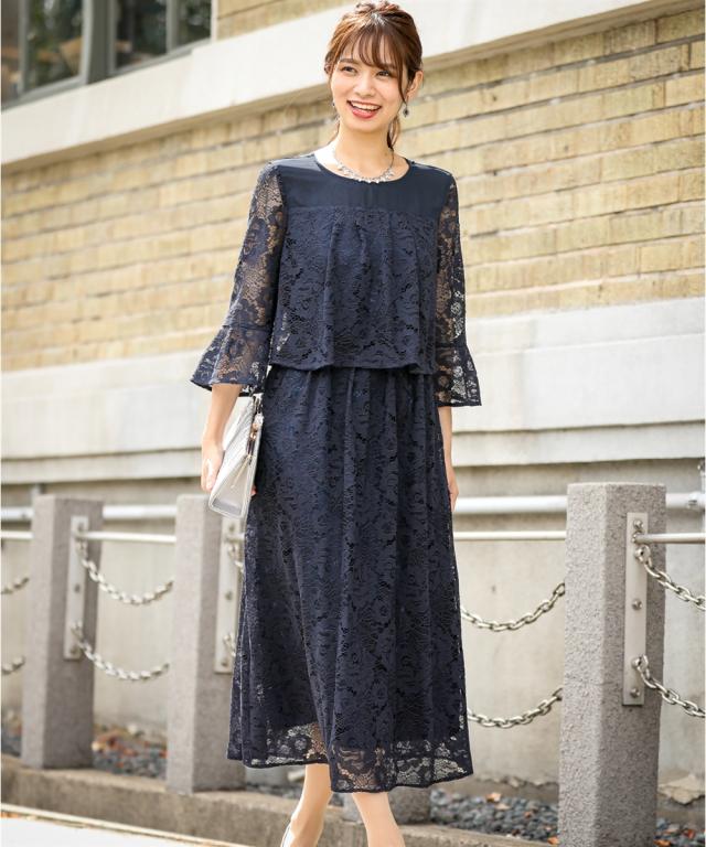 ドレス パーティー レース切替 フレア ワンピース LL/3L 大きいサイズ 結婚式 二次会 お呼ばれ セミフォーマル グレイッシュグリーン/ネイビー レディース ニッセン nissen ドレス パーティー レース切替 フレア ワンピース LL/3L 大きいサイズ