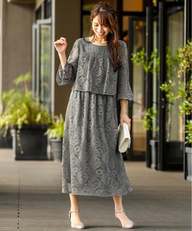 ドレス パーティー レース切替 フレア ワンピース LL/3L 大きいサイズ