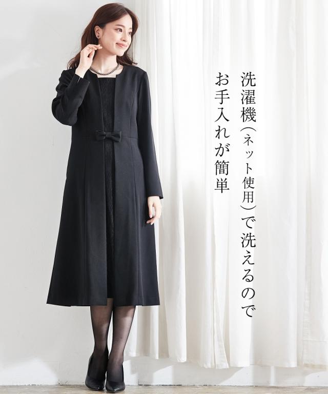 喪服 礼服 ワンピース 着脱簡単 前開き 洗える アンサンブル風 フロントレース S/M/L 10Lまで展開 ロング丈 フォーマル セレモニー 黒 ブラック 脱ぎやすい 着やすい レディース ニッセン nissen_10