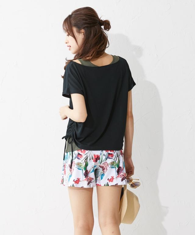 水着 大きいサイズ レディース リブ 無地 タンク×花柄 ボトム 4点