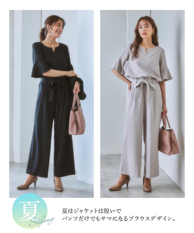 スーツ パンツ 大きいサイズ レディース ドビー素材 セットアップ 3点セット ノーカラー ジャケット フレア袖 ブラウス リボン付 ワイドパンツ グレージュ/ネイビー/黒 8L かっこいい 春 夏 秋 冬 オフィス フォーマル ニッセン nissen_13