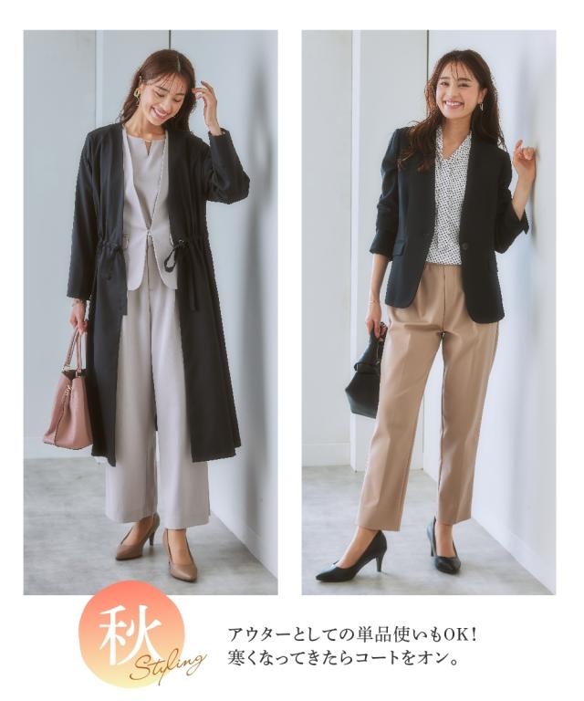 スーツ パンツ 大きいサイズ レディース ドビー素材 セットアップ 3点セット ノーカラー ジャケット フレア袖 ブラウス リボン付 ワイドパンツ グレージュ/ネイビー/黒 8L かっこいい 春 夏 秋 冬 オフィス フォーマル ニッセン nissen_14