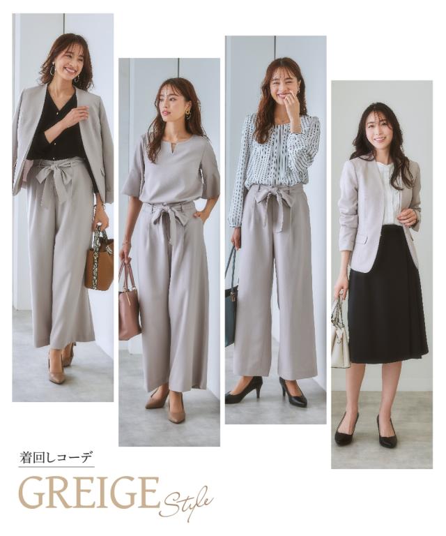 スーツ パンツ 大きいサイズ レディース ドビー素材 セットアップ 3点セット ノーカラー ジャケット フレア袖 ブラウス リボン付 ワイドパンツ グレージュ/ネイビー/黒 8L かっこいい 春 夏 秋 冬 オフィス フォーマル ニッセン nissen_16
