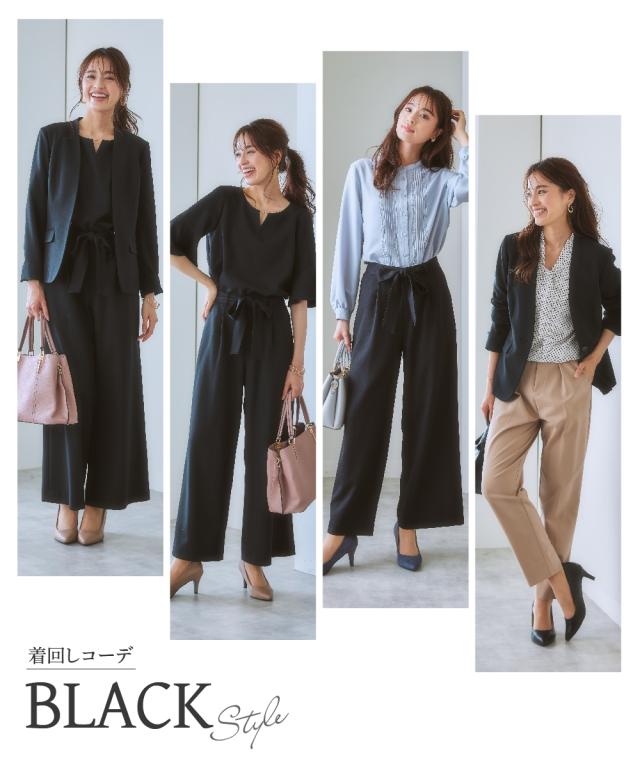スーツ パンツ 大きいサイズ レディース ドビー素材 セットアップ 3点セット ノーカラー ジャケット フレア袖 ブラウス リボン付 ワイドパンツ グレージュ/ネイビー/黒 8L かっこいい 春 夏 秋 冬 オフィス フォーマル ニッセン nissen_17