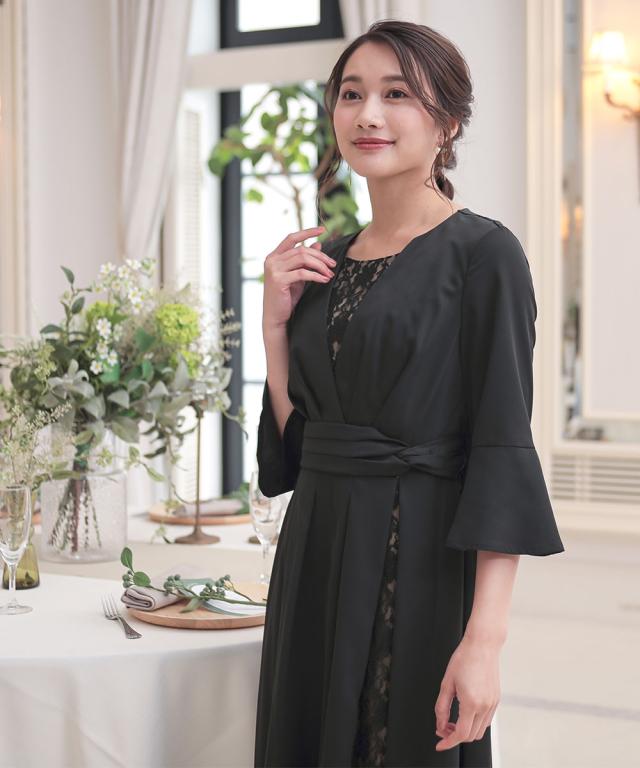 新品☆L黒系レース切替ワンピドレス♪アシメ前開き♪パーティ・結婚式☆a593 ドレス ワンピース レディース 結婚式 パーティー アシメ レース