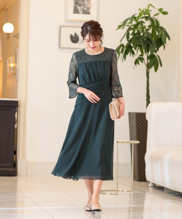 ドレス パーティー 大きいサイズ レディース ウエスト ねじり デザイン レース ワンピース 結婚式 二次会 お呼ばれ対応 フォーマル 披露宴 謝恩会 同窓会 卒業式 パーティドレス 可愛い 大人 20代 30代 40代 体形カバー ダークグリーン/ネイビー 8L ニッセン nissen ドレス パーティー 大きいサイズ レディース ウエスト ねじり デザイン