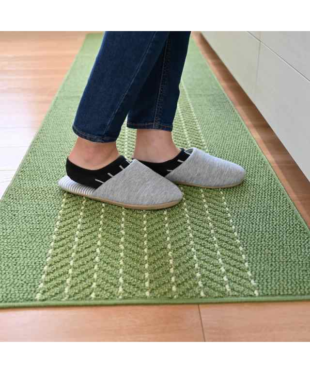 キッチンマット 小さくたためて洗いやすい 日本製 「優踏生」ヘリンボーン グリーン/グレー 約 60×300cm ニッセン nissen