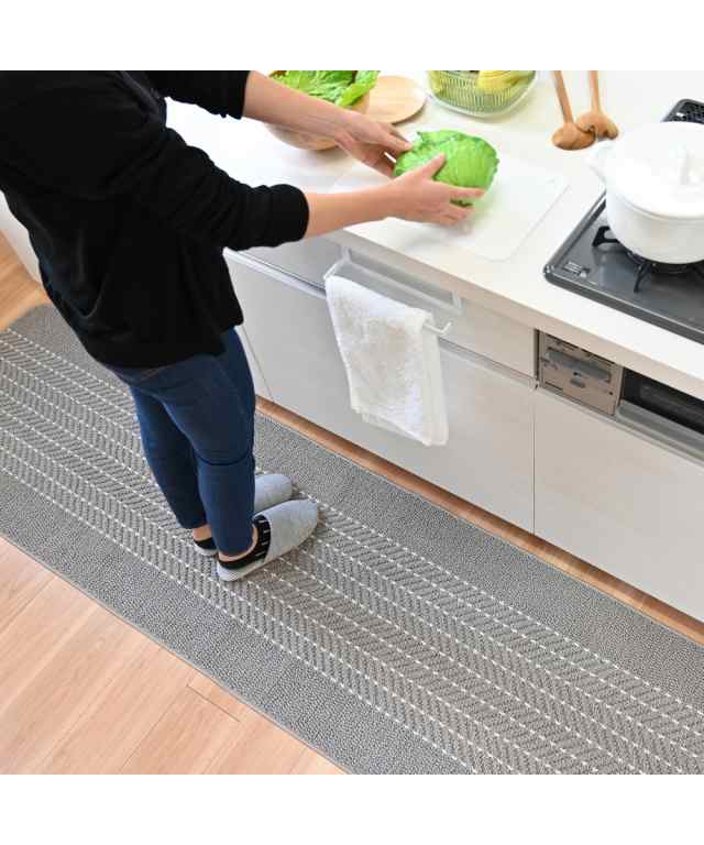 キッチンマット 小さくたためて洗いやすい 日本製 「優踏生」ヘリンボーン グリーン/グレー 約 60×300cm ニッセン nissen