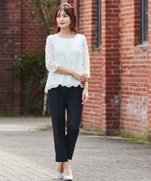 スーツ パンツ フォーマル 大きいサイズ レディース 入園 入学 卒園 卒業 レース ブラウス テーパード 3点セット コサージュ付 ネイビー系/黒系 4L/5L/6L セレモニースーツ 母 ママ 卒業式 入学式 セットアップ ニッセン nissen agesugi_sfaの通販は