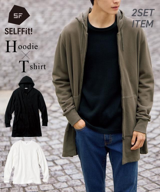 パーカー メンズ 2点セット ロング丈 フルジップ ＋ Tシャツ 3L〜お腹ゆったり カーキ＋黒/黒＋オフホワイト 3L〜10L ニッセン nissen agesugi_sfaの通販は 5,469円