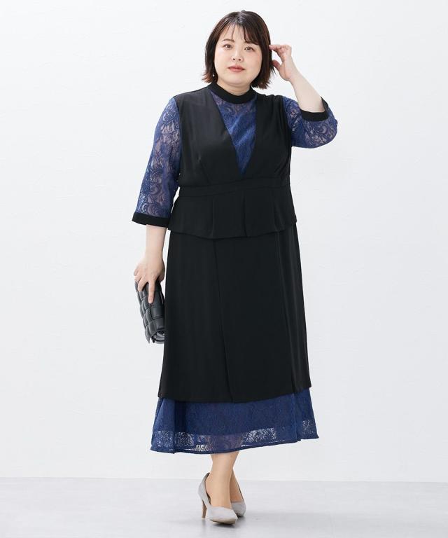 ドレス ワンピース Switching Lace Onepiece Dress ネイビー系