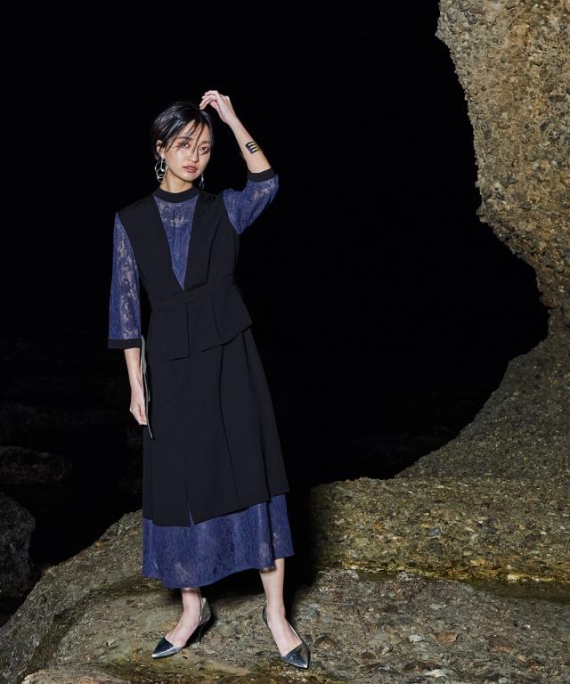 ドレス ワンピース レディース Callarus Switching Lace Onepiece Dress ネイビー系/ベージュ系 LL ニッセン nissen ドレス ワンピース レディース Callarus Switching Lace Onepiece