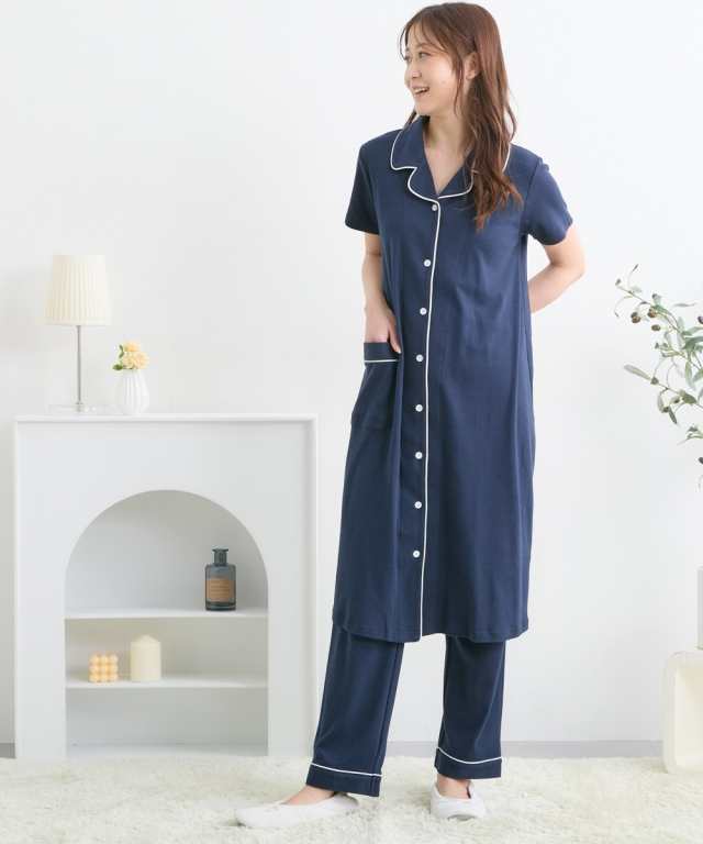 日本限定 パジャマ マタニティ ママ 産前 産後 授乳服 カットソー素材 着心地ラクちん 綿混 前開き アイボリー ネイビー ピンク ミント M L ニッセン  nissen