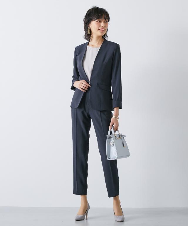 スーツ パンツ レディース うすカル タテヨコ ストレッチ ノーカラー