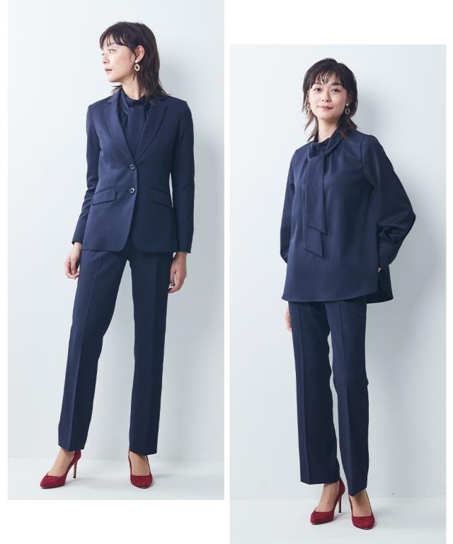 スーツ パンツ レディース ドビー素材 セットアップ 3点セット テーラード ジャケット 衿ぐりリボン付 ブラウス ストレート グレージュ/ネイビー/黒 4L/5L/6L ビジネス ニッセン nissen_1