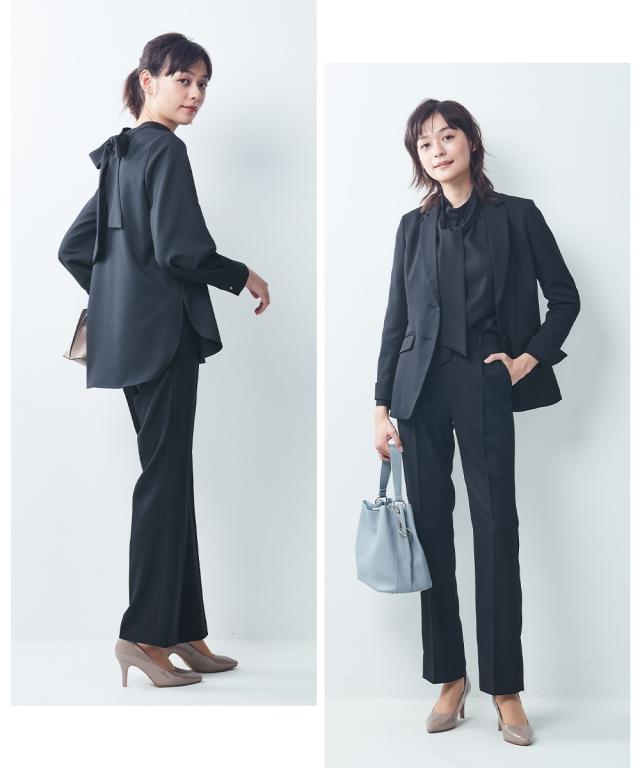 スーツ パンツ レディース ドビー素材 セットアップ 3点セット テーラード ジャケット 衿ぐりリボン付 ブラウス ストレート グレージュ/ネイビー/黒 4L/5L/6L ビジネス ニッセン nissen_2