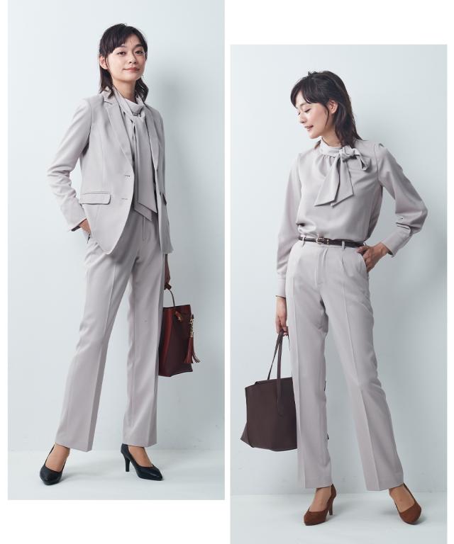 スーツ パンツ レディース ドビー素材 セットアップ 3点セット テーラード ジャケット 衿ぐりリボン付 ブラウス ストレート グレージュ/ネイビー/黒 4L/5L/6L ビジネス ニッセン nissen_3