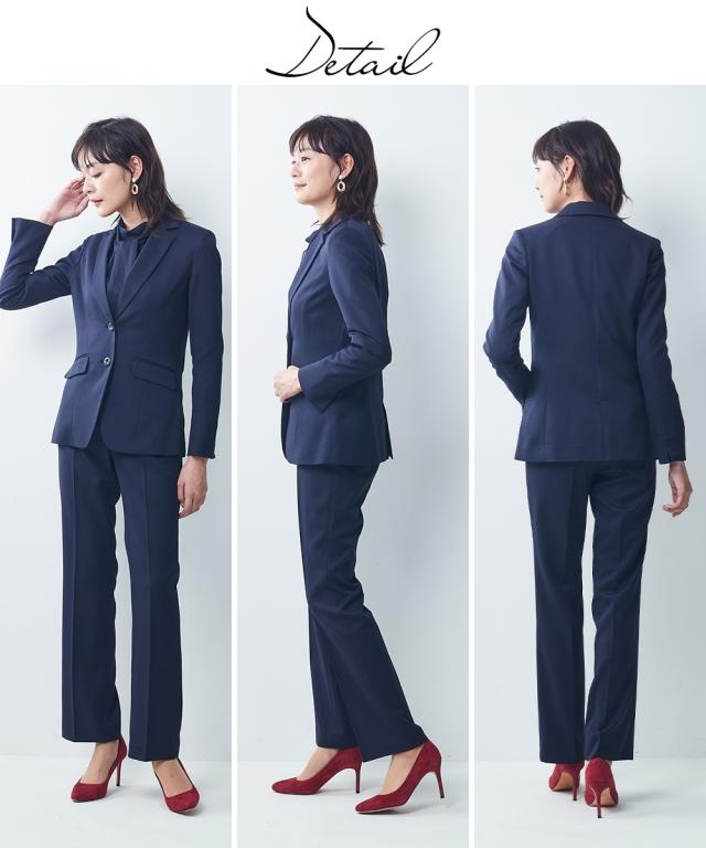 スーツ パンツ レディース ドビー素材 セットアップ 3点セット テーラード ジャケット 衿ぐりリボン付 ブラウス ストレート グレージュ/ネイビー/黒 4L/5L/6L ビジネス ニッセン nissen_4