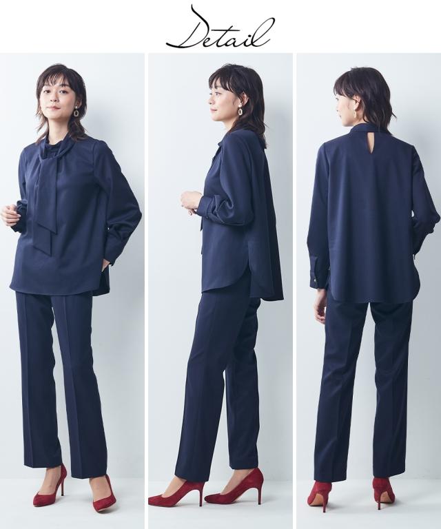 スーツ パンツ レディース ドビー素材 セットアップ 3点セット テーラード ジャケット 衿ぐりリボン付 ブラウス ストレート グレージュ/ネイビー/黒 4L/5L/6L ビジネス ニッセン nissen_5