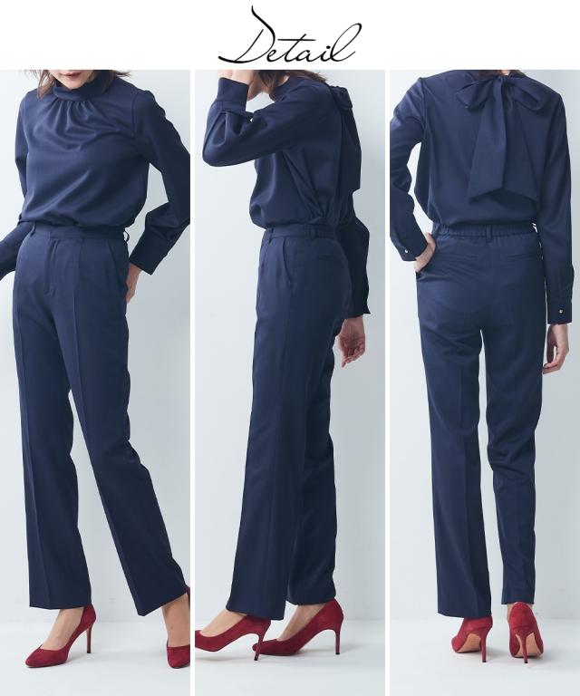 スーツ パンツ レディース ドビー素材 セットアップ 3点セット テーラード ジャケット 衿ぐりリボン付 ブラウス ストレート グレージュ/ネイビー/黒 4L/5L/6L ビジネス ニッセン nissen_6