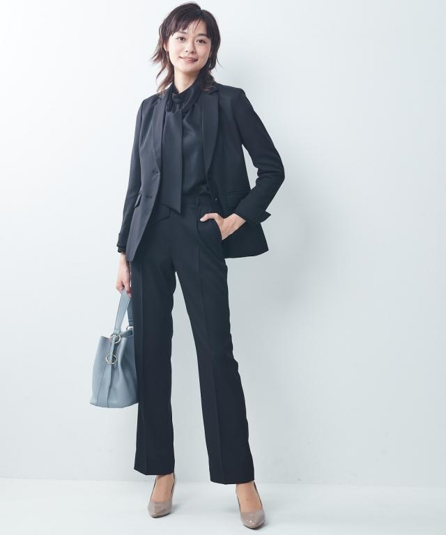 スーツ パンツ レディース ドビー素材 セットアップ 3点セット テーラード ジャケット 衿ぐりリボン付 ブラウス ストレート グレージュ/ネイビー/黒 4L/5L/6L ビジネス ニッセン nissen_17