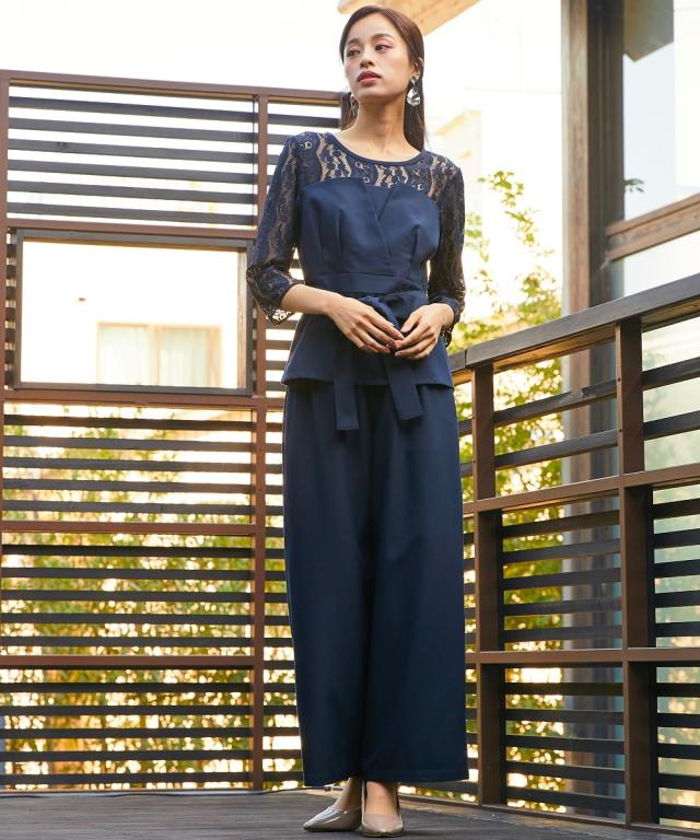 ドレス パンツ 大きいサイズ レディース 結婚式 パーティー オケージョン Callarus デザイン レース ブラウス ＋ワイド セットアップ 有 ネイビー/ブルーグレー/ベージュ 4L/5L/6L ニッセン nissen_17