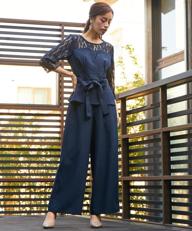 ドレス パンツ 大きいサイズ レディース 結婚式 パーティー オケージョン Callarus デザイン レース ブラウス ＋ワイド セットアップ 有 ネイビー/ブルーグレー/ベージュ 5L/8L ニッセン nissen agesugi_sfaの通販は