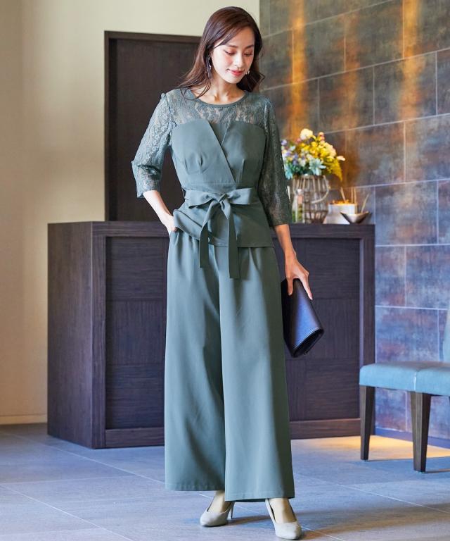 ドレス パンツ 大きいサイズ レディース 結婚式 パーティー オケージョン Callarus デザイン レース ブラウス ＋ワイド セットアップ 有 ネイビー/ブルーグレー/ベージュ 5L/8L ニッセン nissen agesugi_sfaの通販は