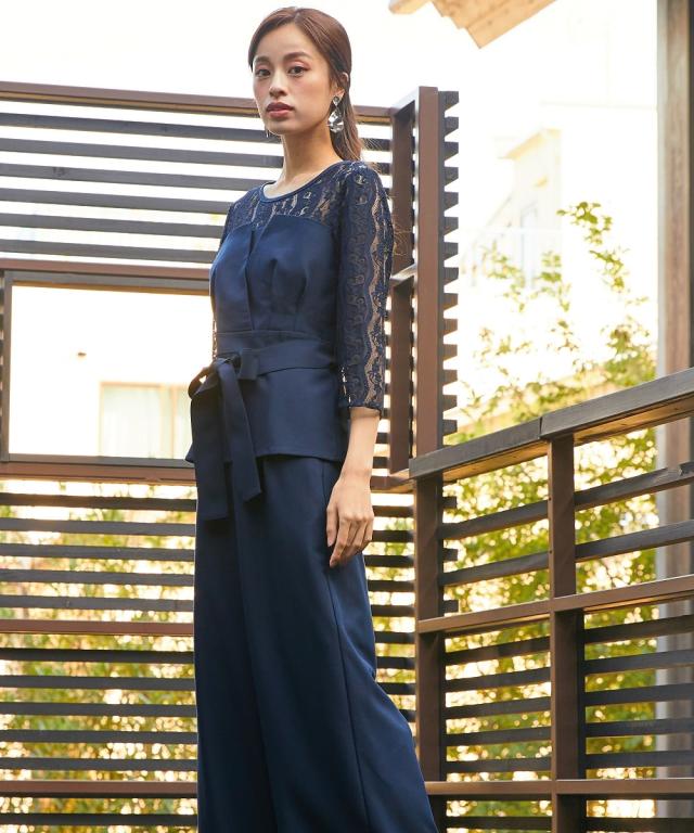 ドレス パンツ 大きいサイズ レディース 結婚式 パーティー オケージョン Callarus デザイン レース ブラウス ＋ワイド セットアップ 有 ネイビー/ブルーグレー/ベージュ 5L/8L ニッセン nissen agesugi_sfaの通販は