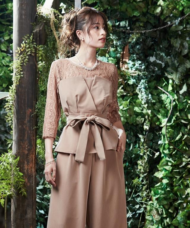 ドレス パンツ 大きいサイズ レディース 結婚式 パーティー オケージョン Callarus デザイン レース ブラウス ＋ワイド セットアップ 有 ネイビー/ブルーグレー/ベージュ 5L/8L ニッセン nissen agesugi_sfaの通販は